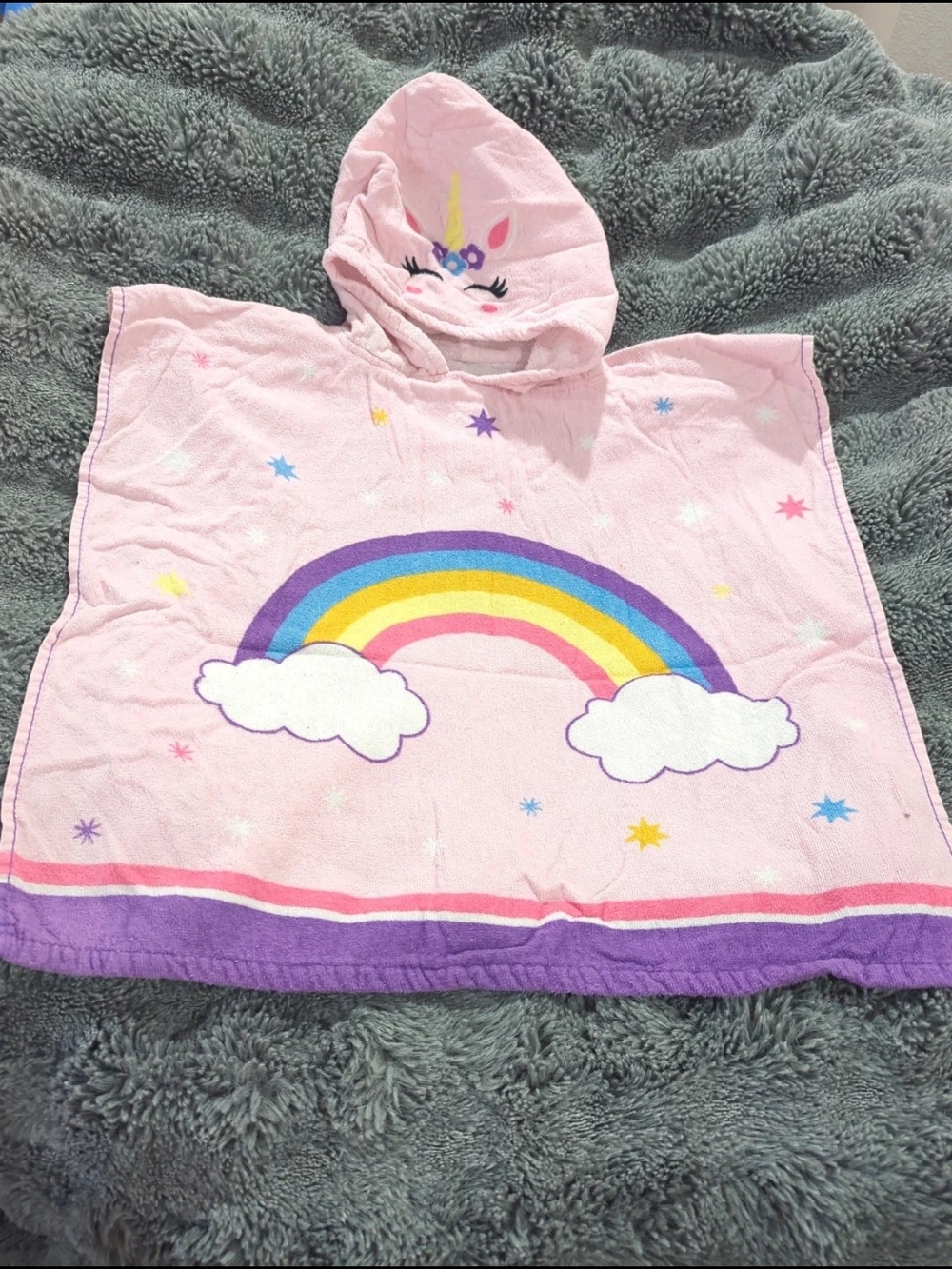 Kids Pink Unicorn Rainbow Hooded Poncho